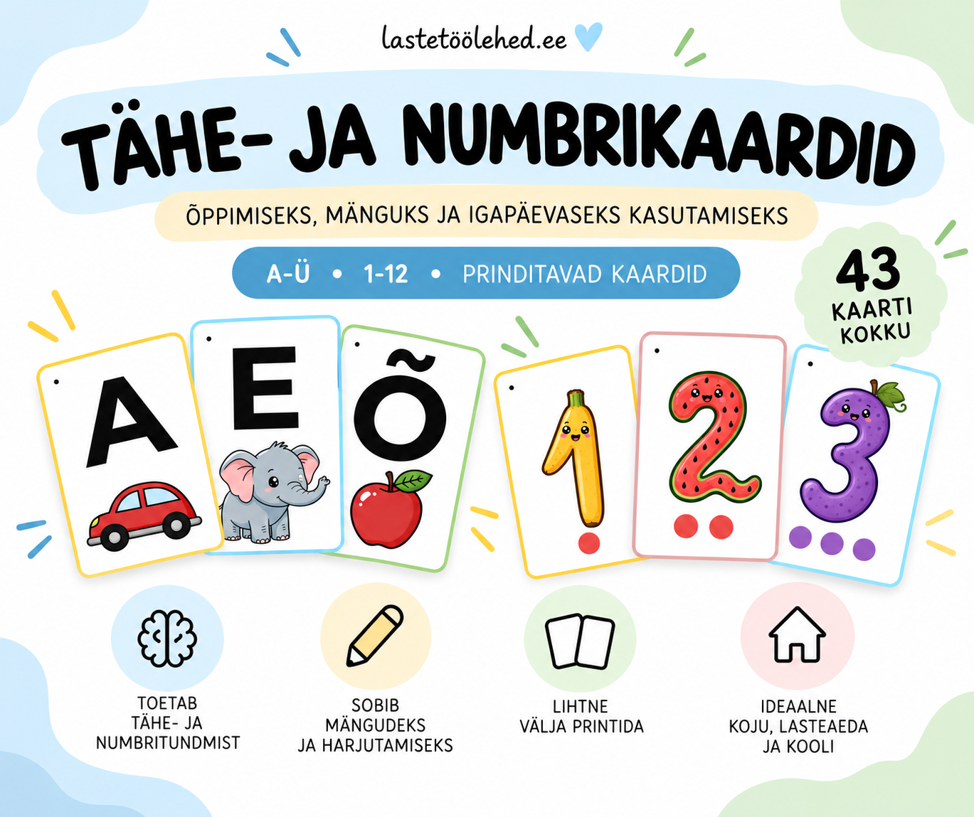 Tähe- ja numbrikaardid lastele – 43 prinditava kaardi komplekt